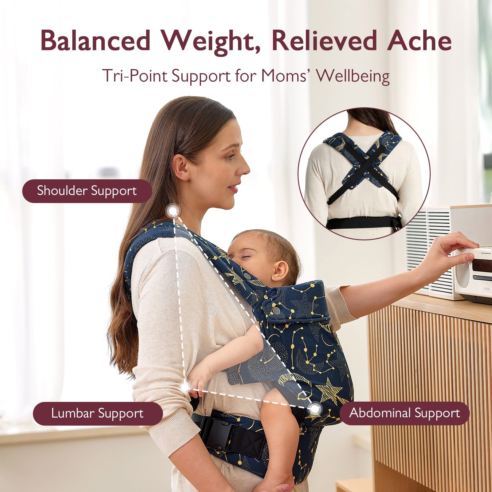 Momcozy PureHug baby carrier, Starry Night, supporting moms. Navy blue with gold star pattern, shoulder, lumbar, and abdominal support.