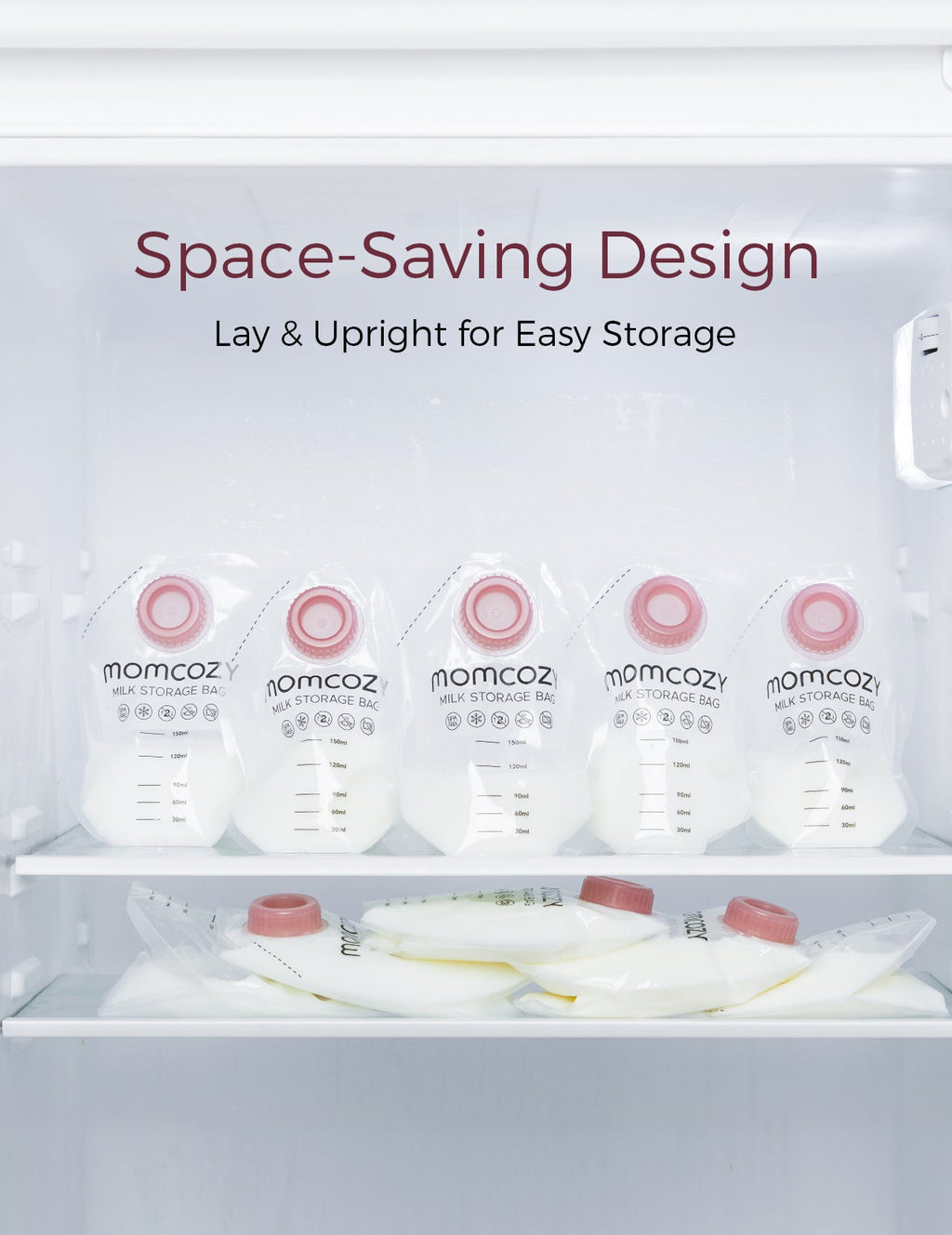 Momcozy screw-on breast milk storage bags arranged upright in fridge to maximize space and convenience.
