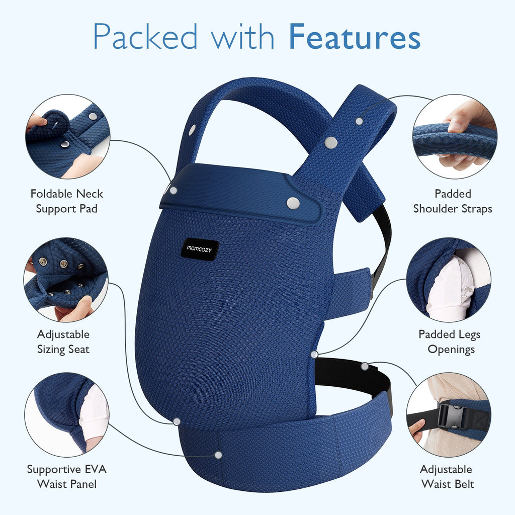 Momcozy PureHug navy blue baby carrier, features include: adjustable seat, padded straps, and waist belt for babywearing.